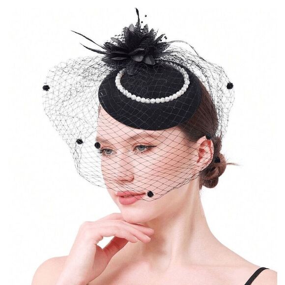 🖤 Pinup Accessory 1950s Retro Vintage Fascinator Black Pillbox Pearl Veil Hat - Picture 1 of 14